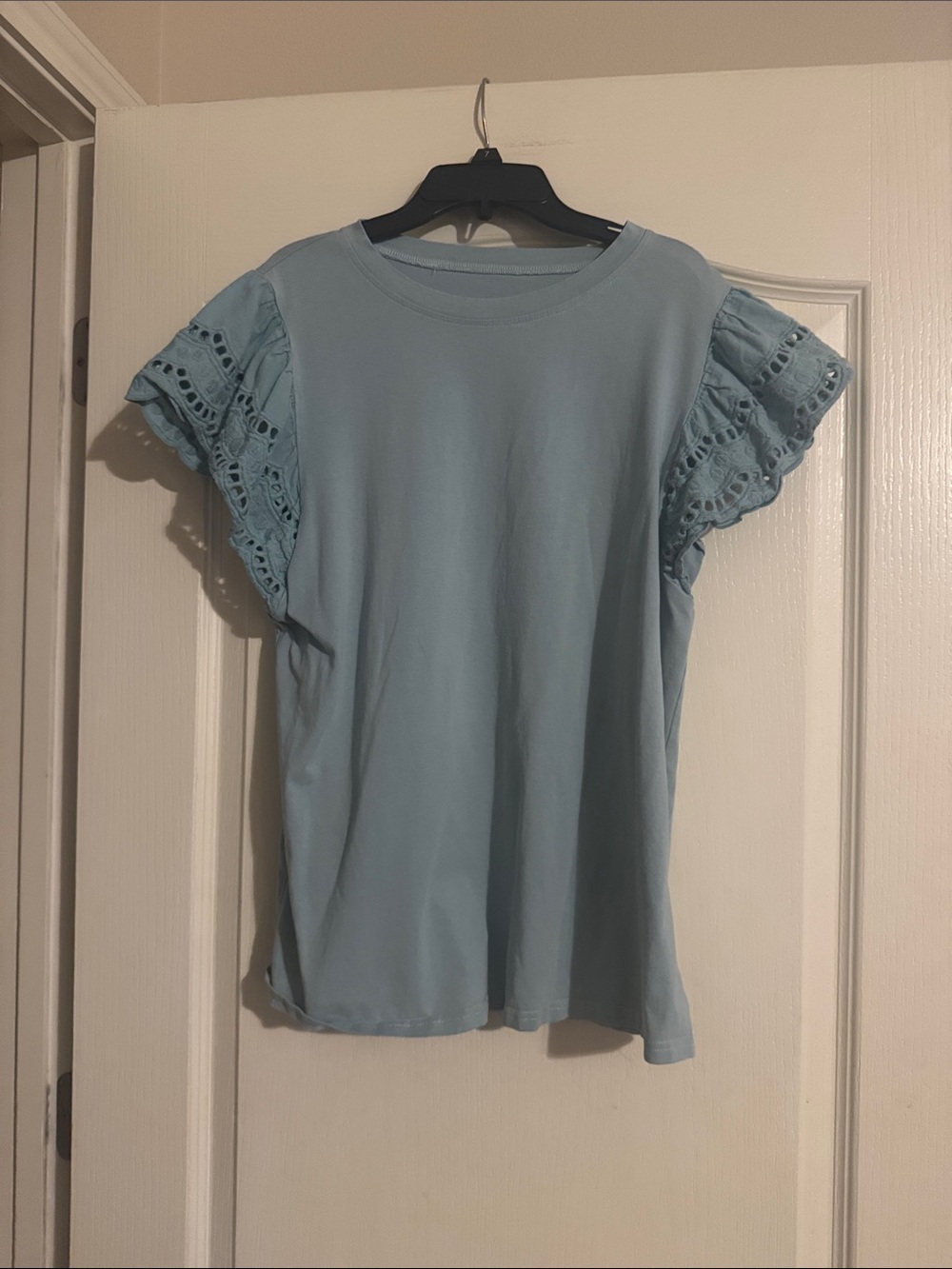 Amazon Light Blue Short Sleeve Tee with Lace Flutter Sleeves